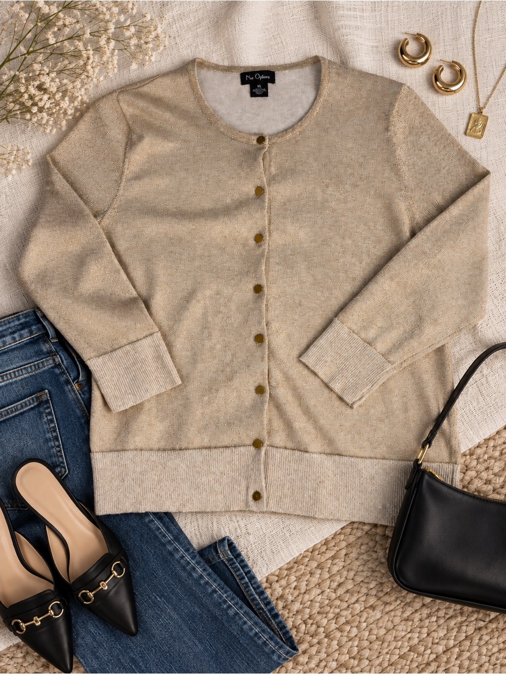 Vintage Nue Options Gold Metallic Button Front Cardigan Sweater XL